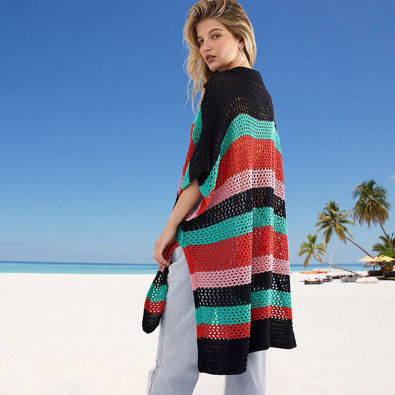 

Women Summer Beach Dress 2022 Cover Up Irregular Neck Hitting Scene Minutes Long Sleeve Hollow Out Bikini Upper Garment Print