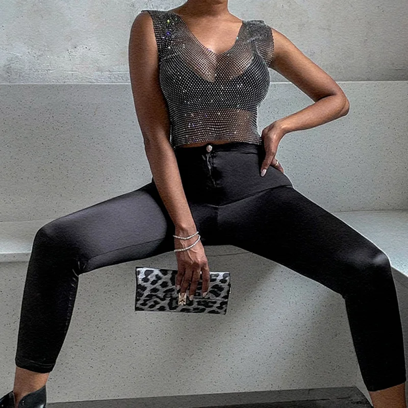 

Summer Women's Hollow Semi-transparent Belly Button Short Vest Top cute tops Ladies Elegant Sexy Mesh Shiny Diamond V-neck Vest