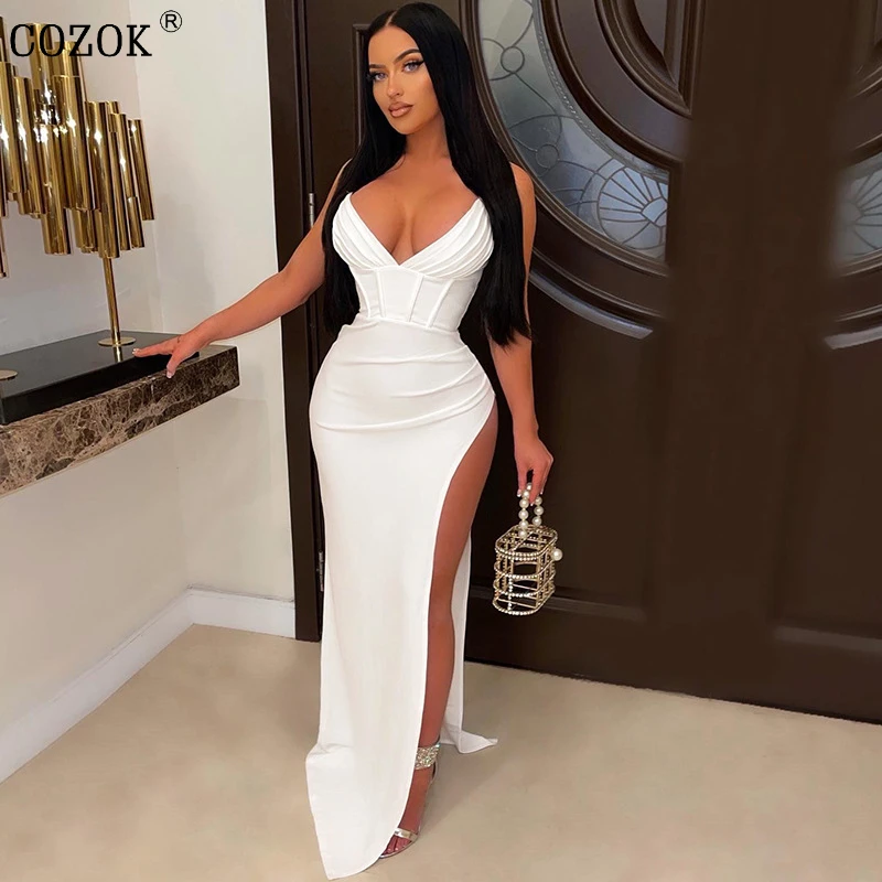 

Women Summer Sexy dress Elegant Beach Vacation Night Party Maxi Dress New Slim Solid Wild V Neck Strap Split Dress