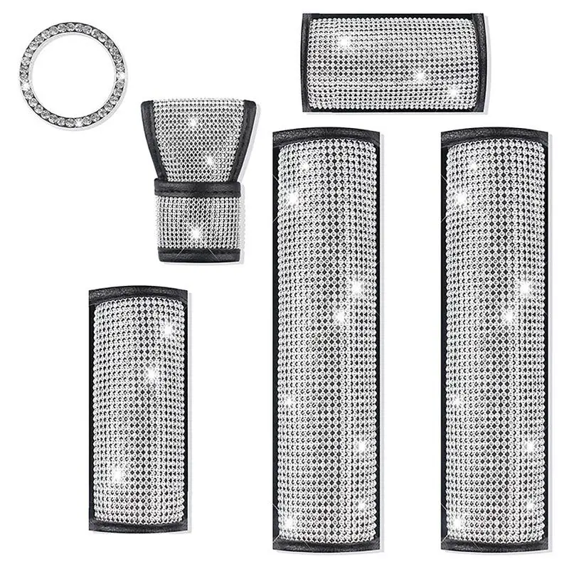

6pcs Shiny Car Interior Decoration For Women Bling Rhinestone Kit Seat Belt Cover Handbrake Gear Shift Cover Auto Accessories