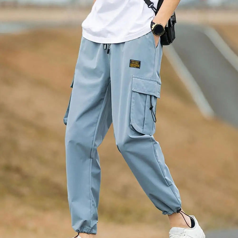 

Hip-hop Men Cargo Pants Stretchy Waist Ankle-banded Summer Trousers Multi Pockets Drawstring Men Sweatpants Work Casual Pants