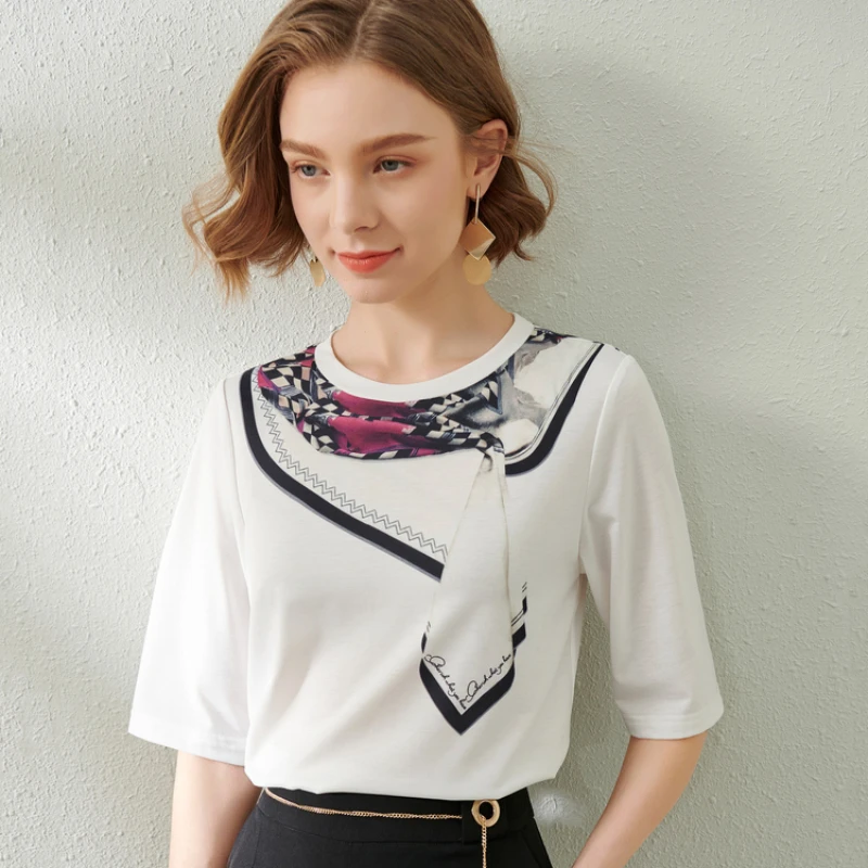 

Silk Cotton Women's T-shirt Summer 2023 New Printed Loose Tee Short Sleeves Ladies Top O-neck Casual Clothing YCMYUNYAN