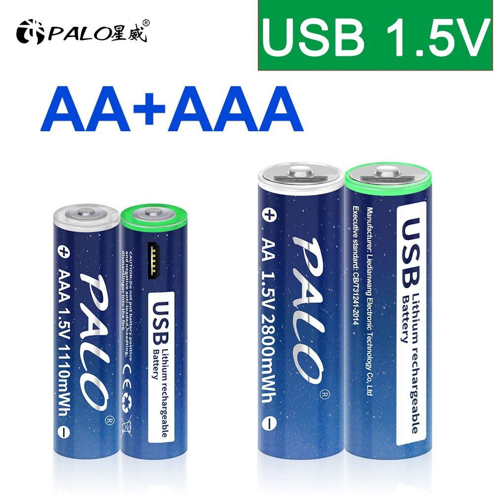

PALO 1.5V USB AAA Li-ion Rechargeable Battery AAA 1110mWh+1.5v AA Lithium Rechargeable Batteries AA 2800mWh with USB Cable