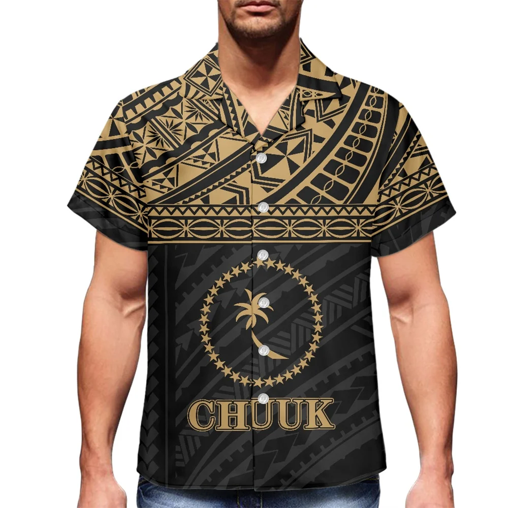 

Sublimation Print Button Down Blouse Casual Summer Beachwear Loose Shirt Men Shirts Polynesian Tribal Chuuk Islands Floral Print