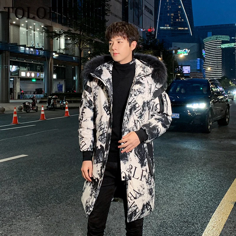 

Men's Gradient Fashion Letter Printing Down Jacket Mid-Length Overcoat Quality Fur Collar Parkas Mens Thick Warm Windproof Coats