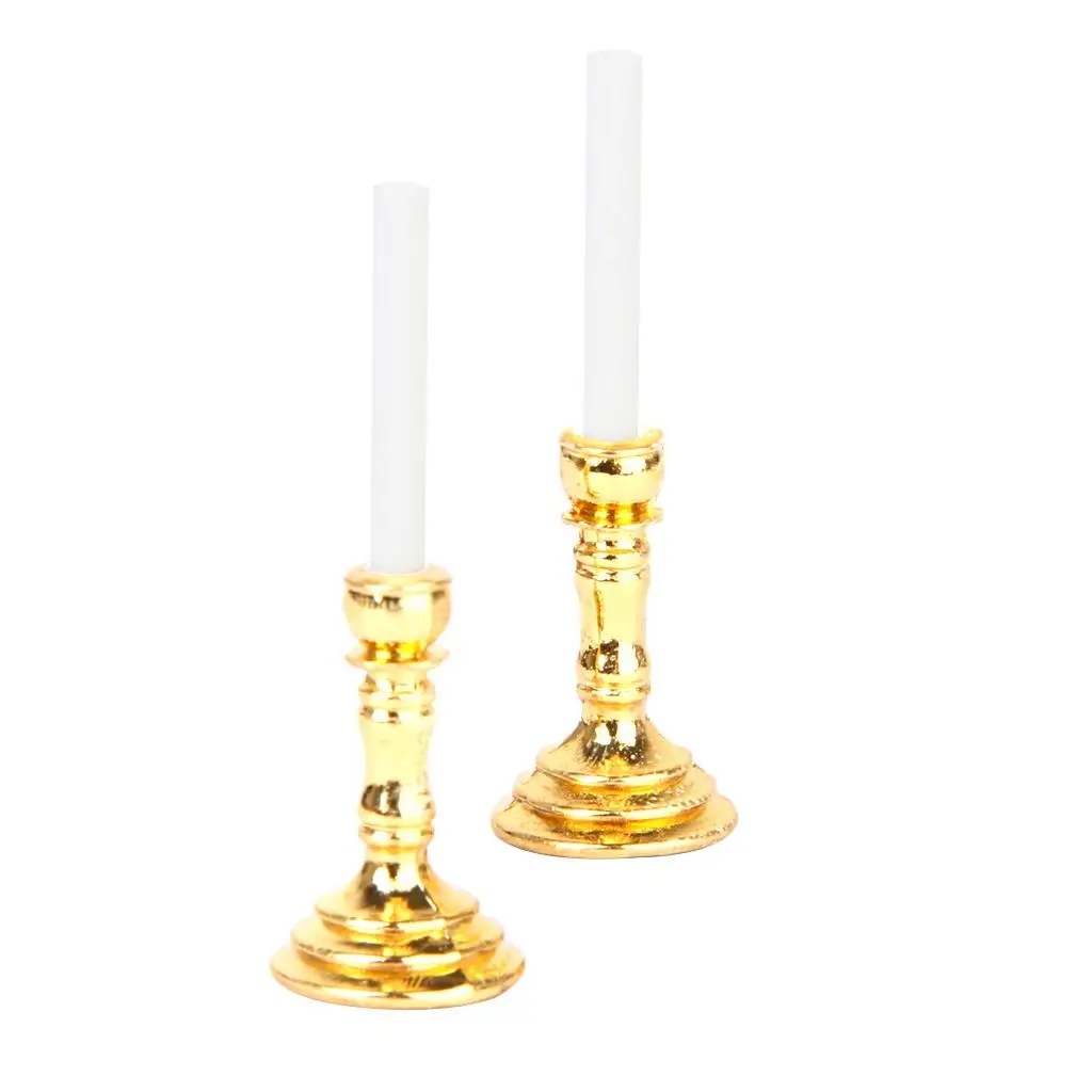 

Dollhouse Miniature Brass Metal Candlesticks White Candles .5cm