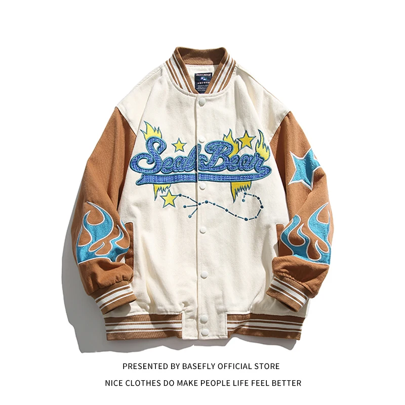

Colourful Embroidery Patchwork Cute Steet Stadium Letterman College Student Men Baseball Bomber Jacket Unisex Women Varsity Coat