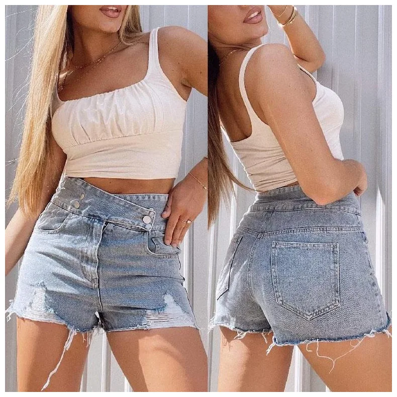 

Womens Sky Blue Jean Shorts Hole High Rise Distressed Fray Hem Stretchy Denim Short Jeans