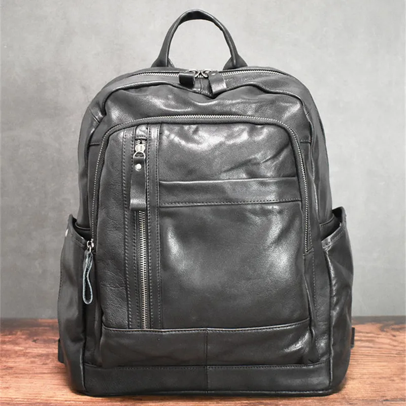 Simple casual designer natural genuine leather men's black laptop school bag outdoor travel large-capacity real cowhide backpack