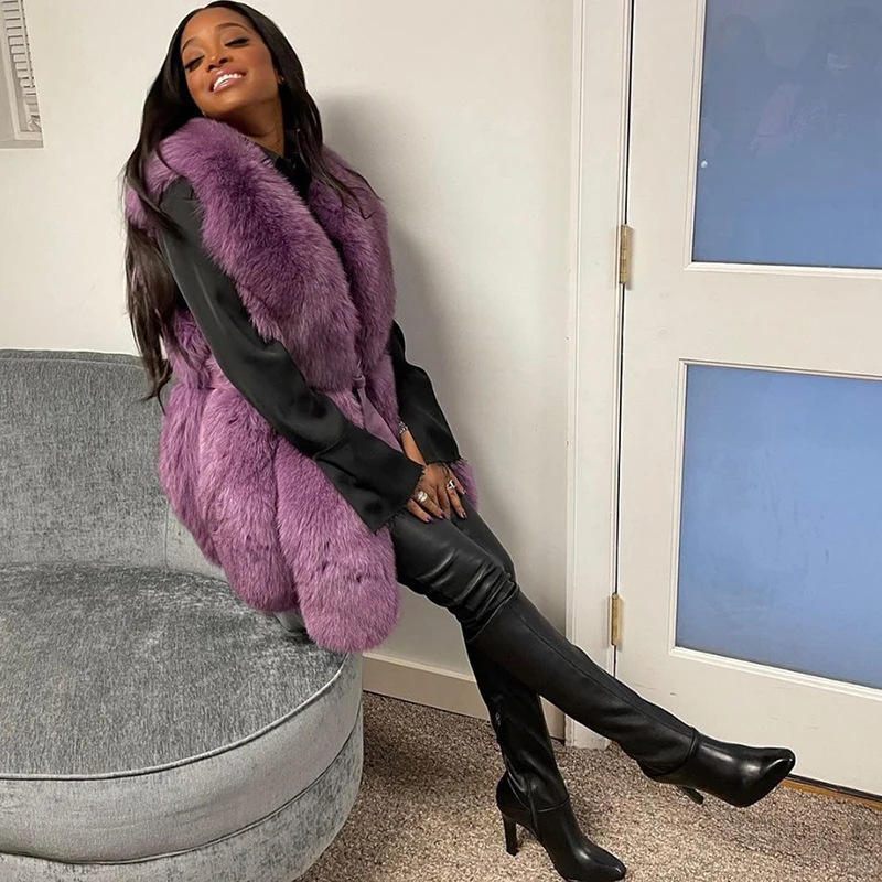 Genuine Fox Fur Vest Jacket Women V-neck Sleeve Send Belt Outertwear Autumn Winter New Luxury Streetwear Fox Fur Coat Lady