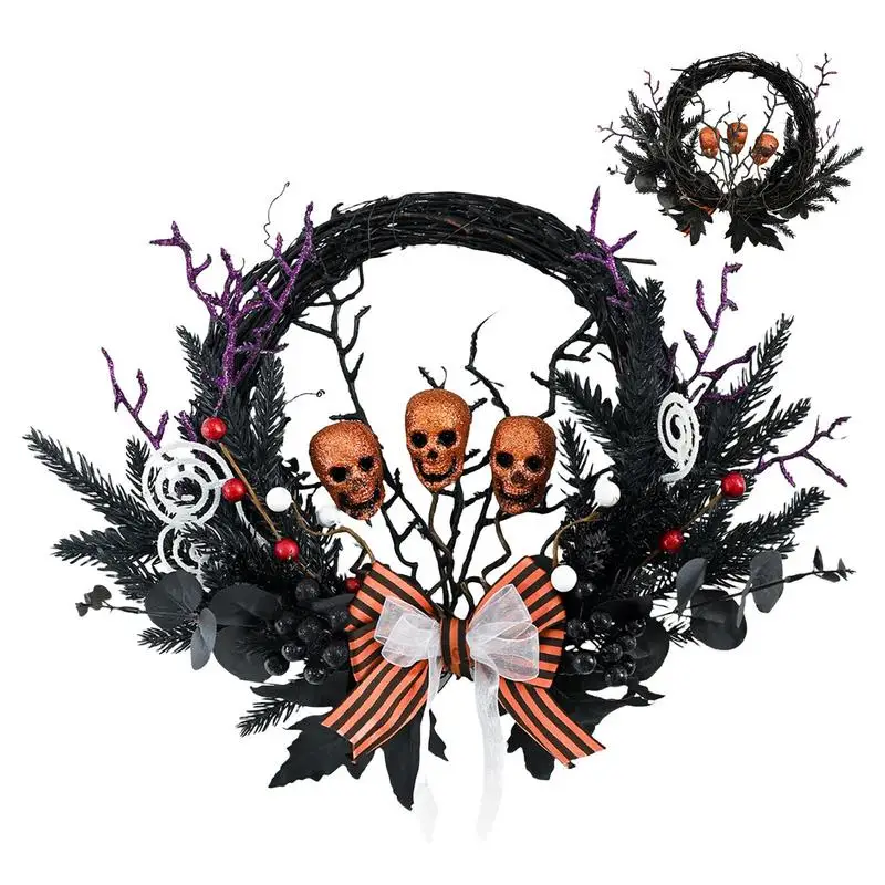 Венок на Хэллоуин венок переднюю дверь с черепом бантом и черные ветки