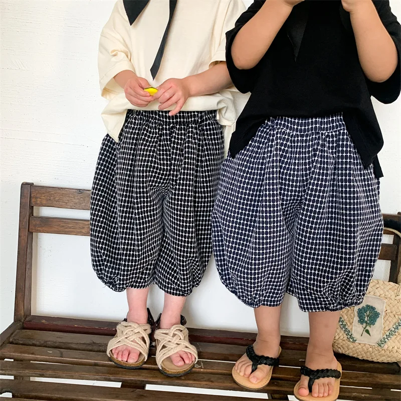 

2022 summer kids cotton linen little plaid calf length pants boys and girls loose thin wide leg trousers