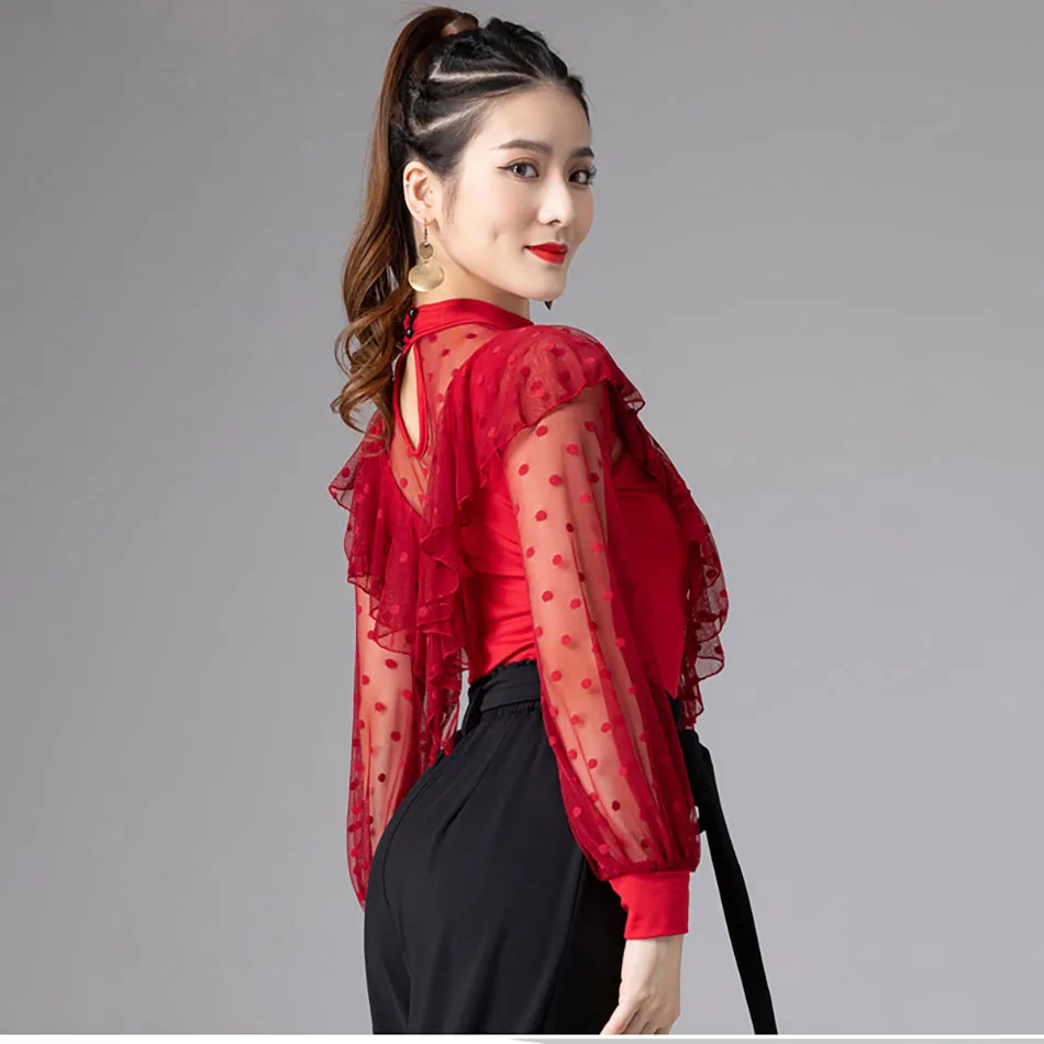 Топ для латиноамериканских танцев женское Кружевное боди с рукавами женская