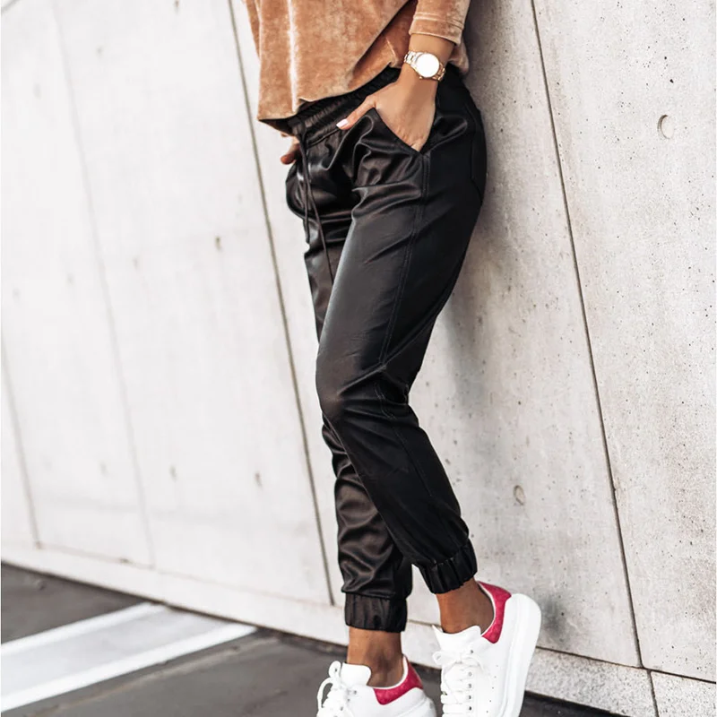 

Fashion Lady Leather PU Pants Skinny Harem Women Pants 2021 Winter Autumn Drawstring Pant Black Pockets Long Trousers New GV109