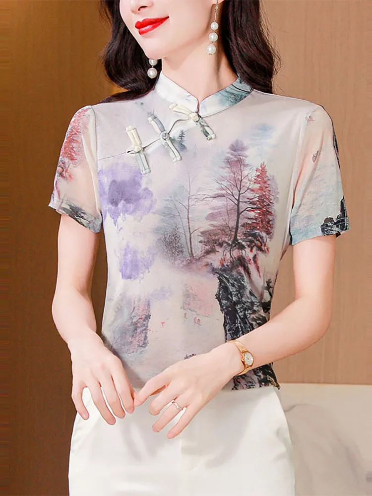 Новая китайская футболка с короткими рукавами и сетчатым принтом в национальном