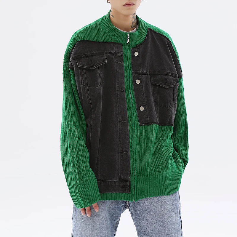 

Retro Streetwear Jeans Patchwork Zipper Sweaters Jackers Oversized O Neck Casual Spliced Knitted Cardigan Winter Clothes