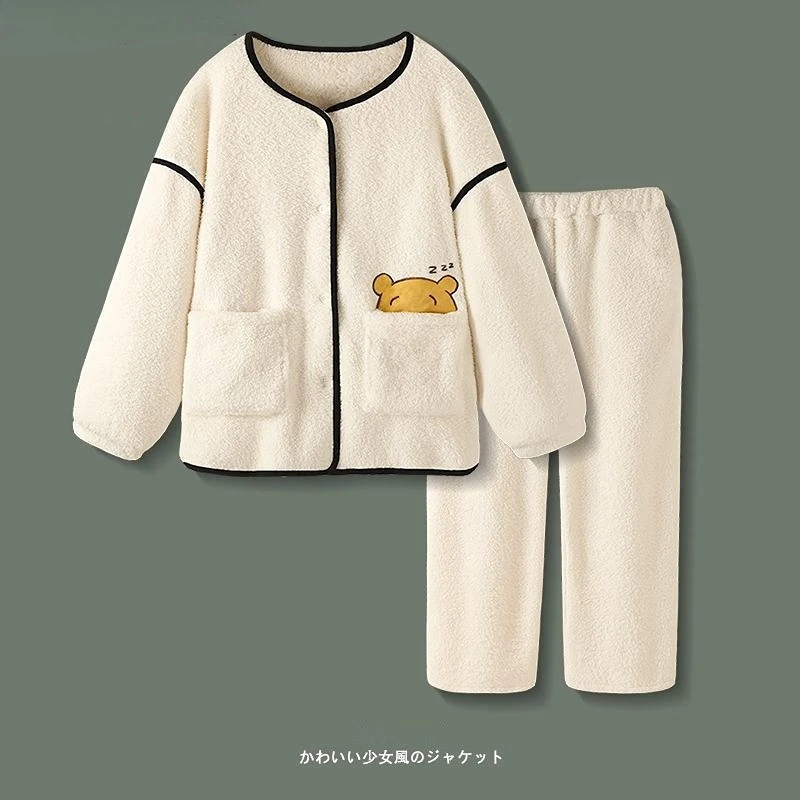 2022 Winter Warm Flannel Pajamas Set Cartoon Long Sleeve Pant Coral Fleece Warm Sleepwear Women Casual Comfortable Loungwear 2XL