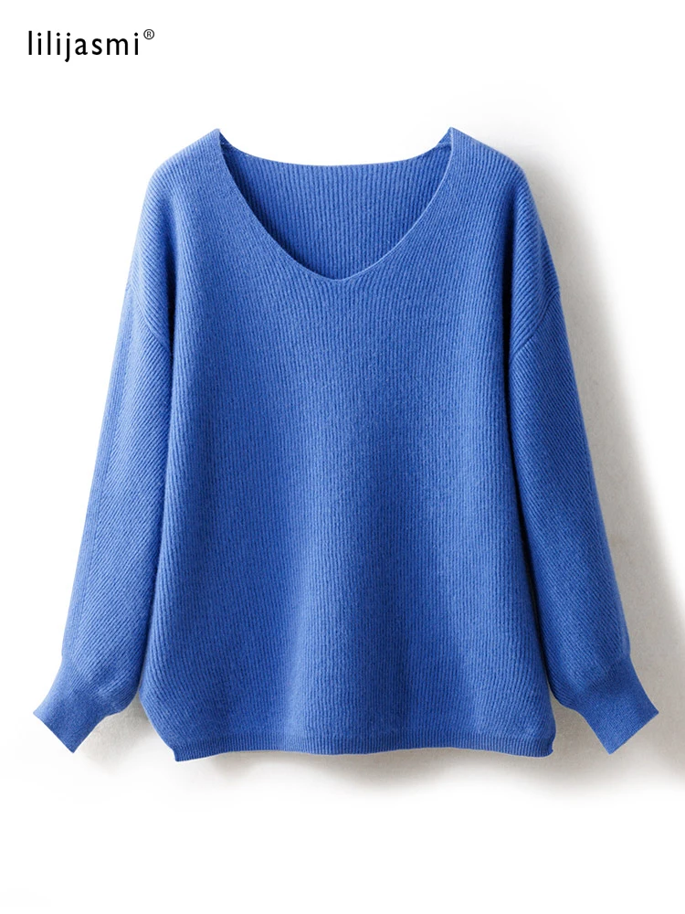 2022 Autumn Winter New Women Cashmere 35% Loose Sweaters Brioche Stitch V-Neck Pullover Wool Soft Tops Female Relaxed Jumper