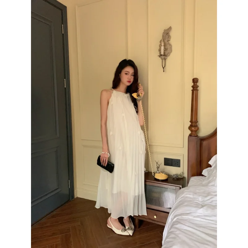 MOON SEA-77 Стиль трехмерного цветочного ремня Элегантное платье Белое