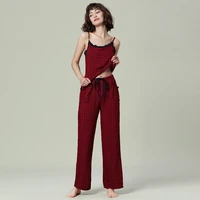 casual home suit red plaid top pajamas loungewear woman cloth thin summer female 2 piece sets pants sleep bath shower trouser