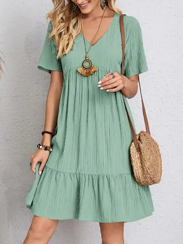 Vintage Solid Dress Women Summer Short Sleeve V Neck Short Dresses Fashion Casual Loose High Waist Beach A-Line Dress Vestidos