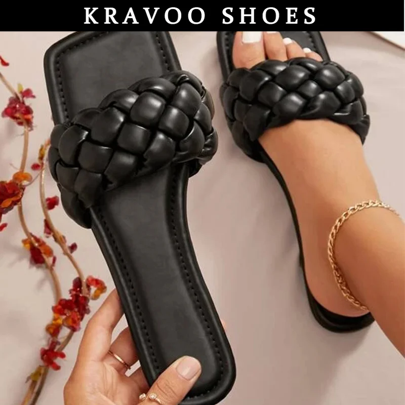 

KRAVOO Women Flat Slide Braided Vamp Square Toe Slipper Sandals Personality Slippers 2023 Outdoor Summer Slides Ladies Shoes