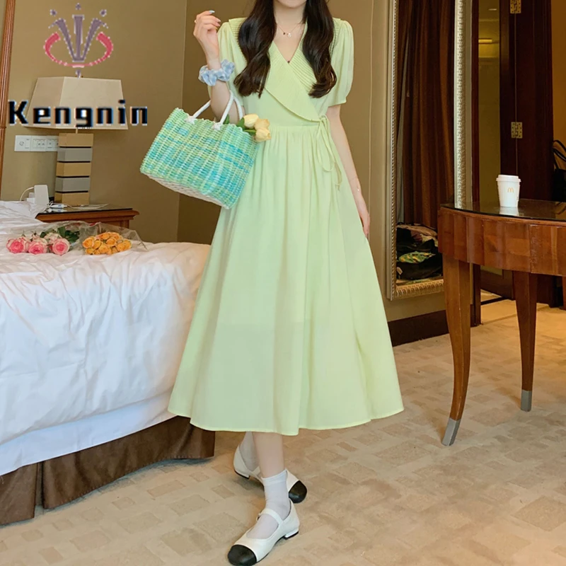 

Plus Size 4XL Women's Dresses 2022 Summer French Style V-Neck Pleated Lady Vestidos Ruffles Designer Female Robe Dress KE2613