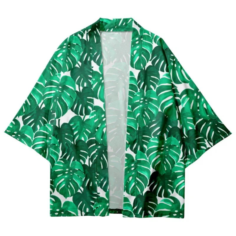 Green Leaves Printed Men Women Fashion Kimono Beach Shorts Cardigan Japanese Yukata Clothing Harajuku Haori
