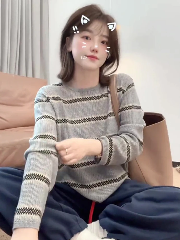 Ранняя осень тонкий вязаный топ в полоску с длинными рукавами женский