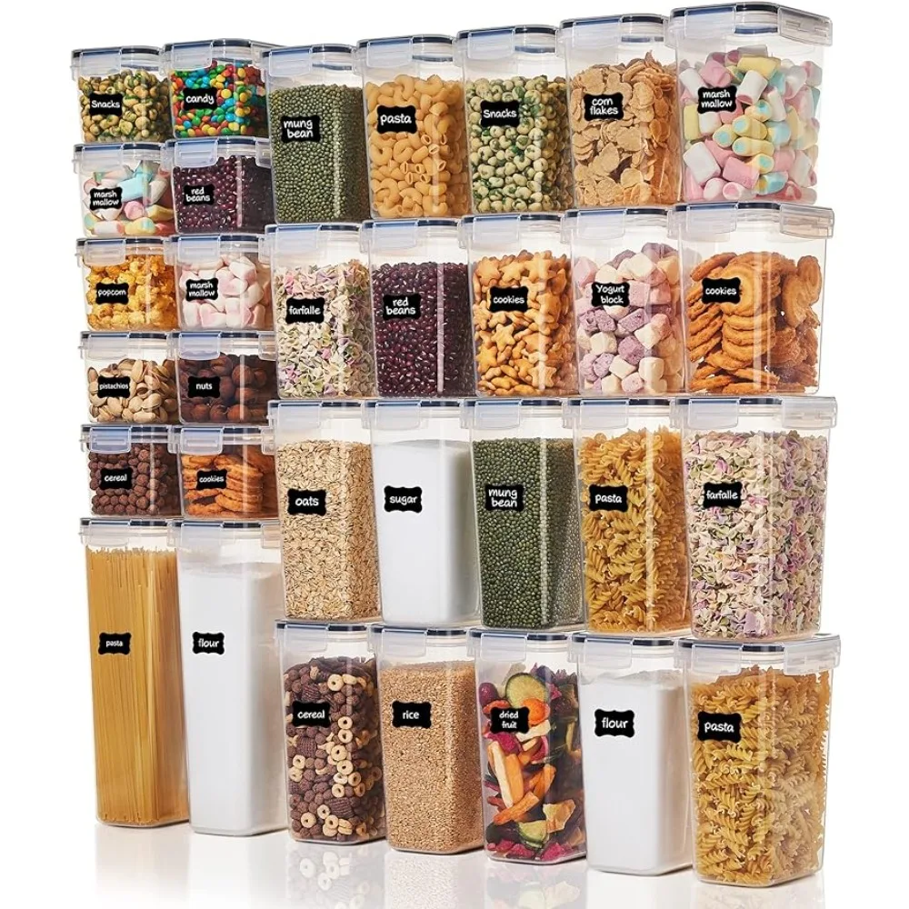 

BPA Free Plastic Kitchen and Pantry Organization Canisters with Lids for Cereal, Dry Food, Flour and Sugar, Includes 32 Labels