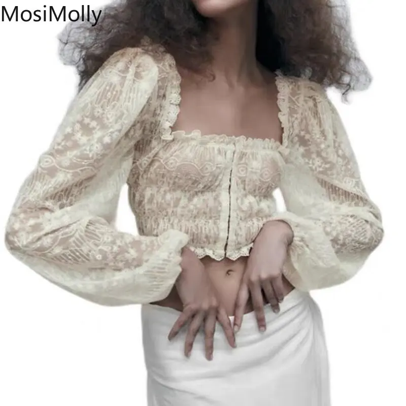 

Шикарные кружевные блузки MosiMolly, Рубашки, Топы, женская рубашка во французском стиле, топы, квадратный вырез, топы с длинным рукавом, рубашка,...