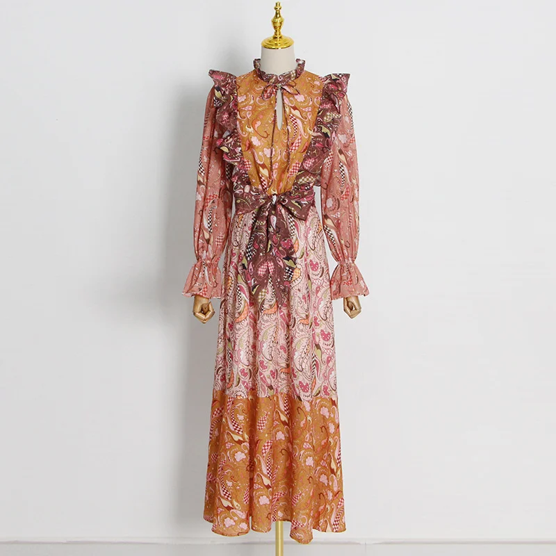 

SeeBeautiful Contrast Color Printed Loose Dress Lace Up Waist Stand Long Sleeve New Fashion 2022 Autumn Woman Q725