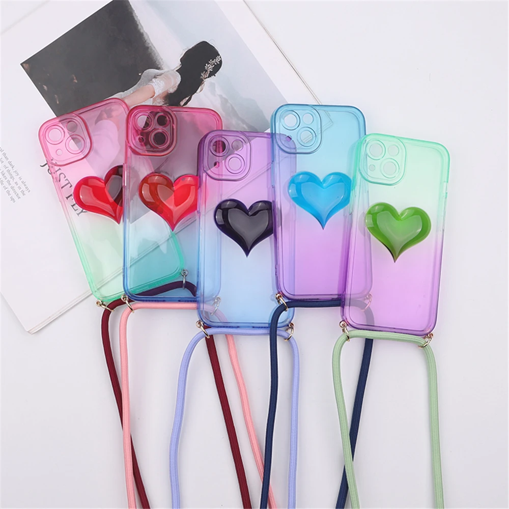 

Crossbody Lanyard 3D Gradient Love Heart Transparent Phone Case For iPhone 13 11 12 Pro Max Luxury Necklace Cord Colorful Cover