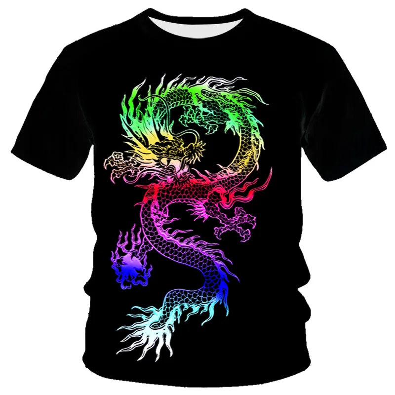 

Fashion new European and American 3D colorful dragon print men's short sleeve T-shirt men's trend short sleeve