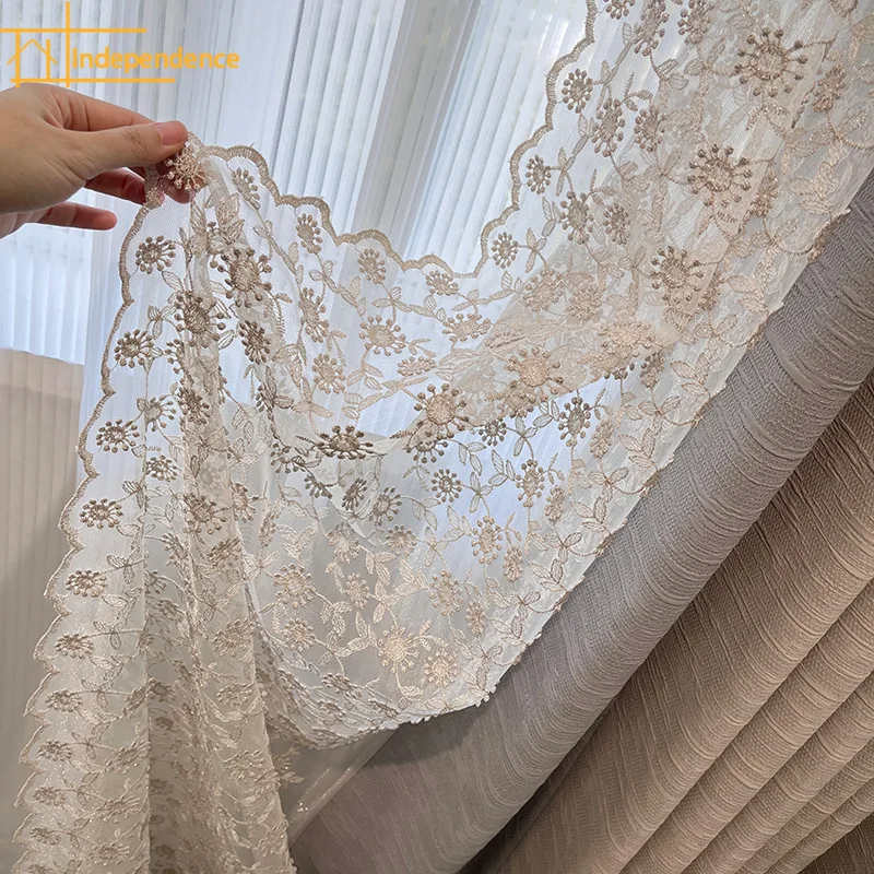 

Romantic Princess Style Embossed Cream Jacquard Curtains for Bedroom Living Room Customized Lace Embroidered Window Screen