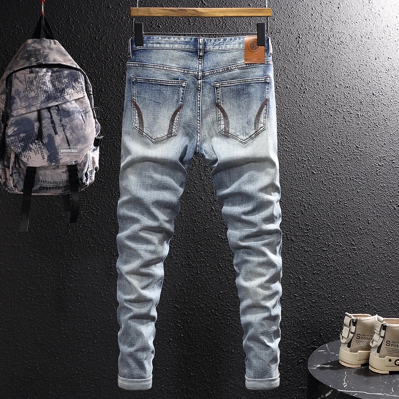 Fashion Designer Men Jeans Retro Light Blue Embroidery Patched Stretch Ripped Jeans Men Slim Fit Elastic Vintage Denim Pants