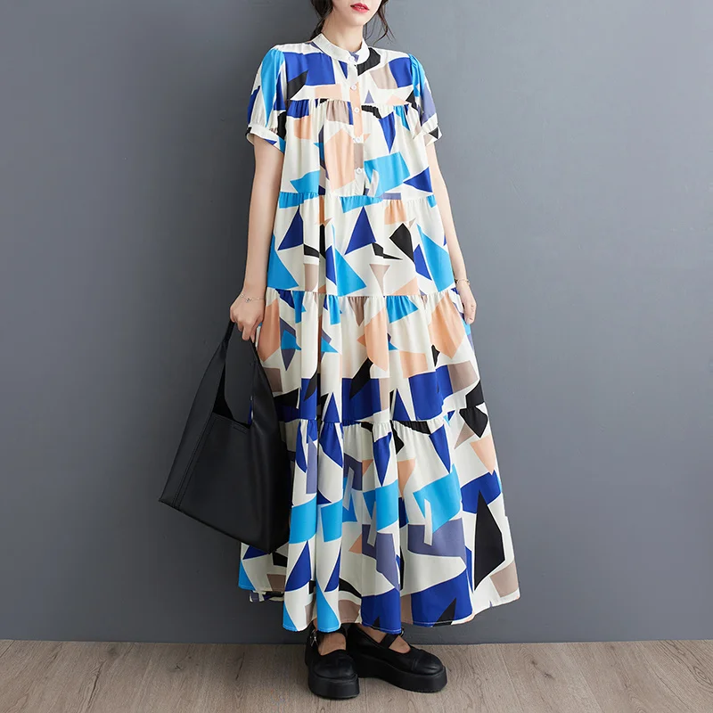 

#6620 Printed Long Shirt Dress Stand Collar Buttons Vintage A-line Dress Ladies Loose Short Sleeve Retro Korean Style Summer2023