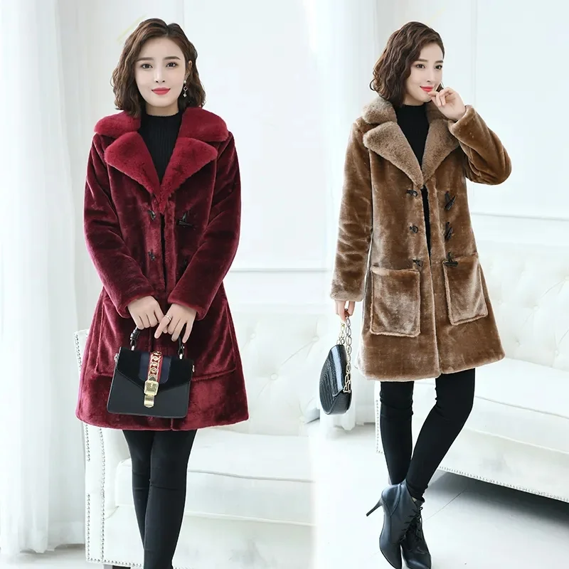 Sheep Shearing Coat Women Mid-length Coat Imitation Fur 2022 Autumn Winter New Products Imitation Fox fur Collar Slim Korean Fur
