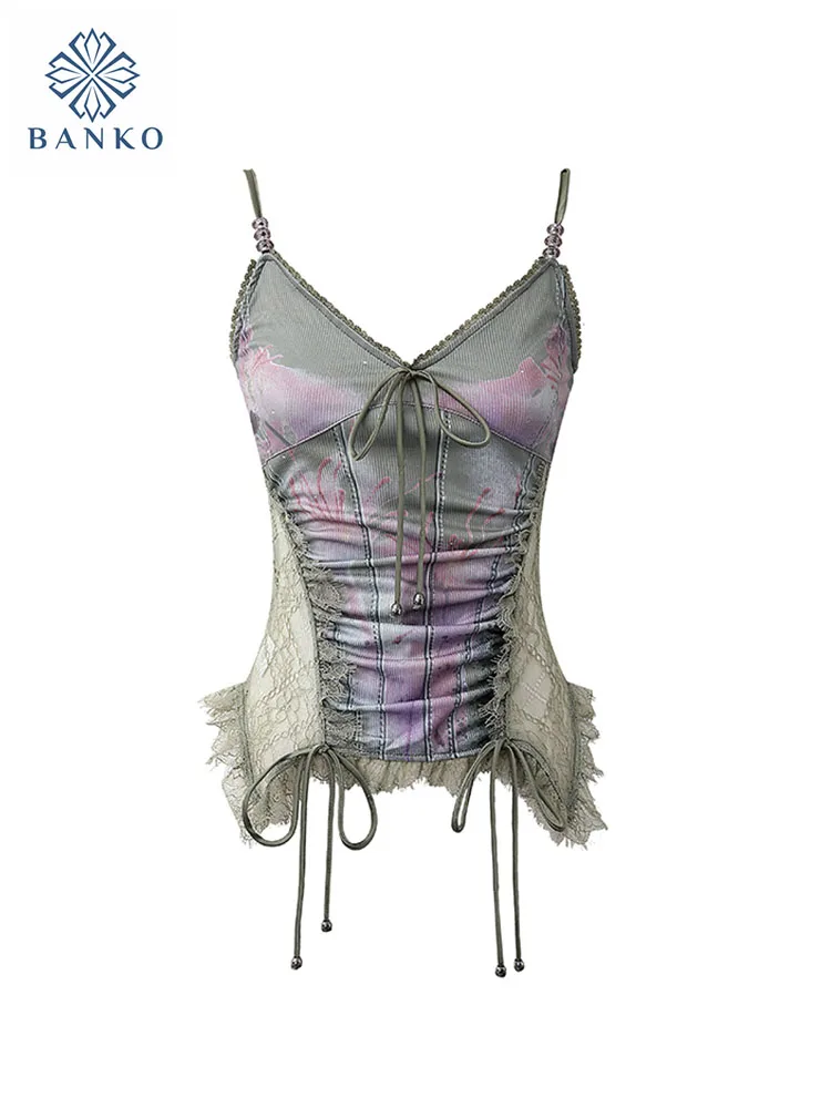 Модный милый топ Gyaru в стиле пэчворк с лямкой на шее женская сексуальная тонкая