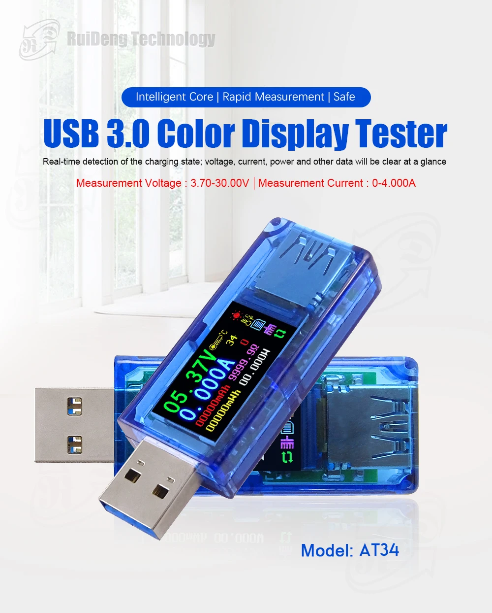 

Gaqqee AT34 USB 3.0 Color LCD Voltmeter Ammeter Voltage Current Meter Multimeter Battery Charge Power Bank USB Tester