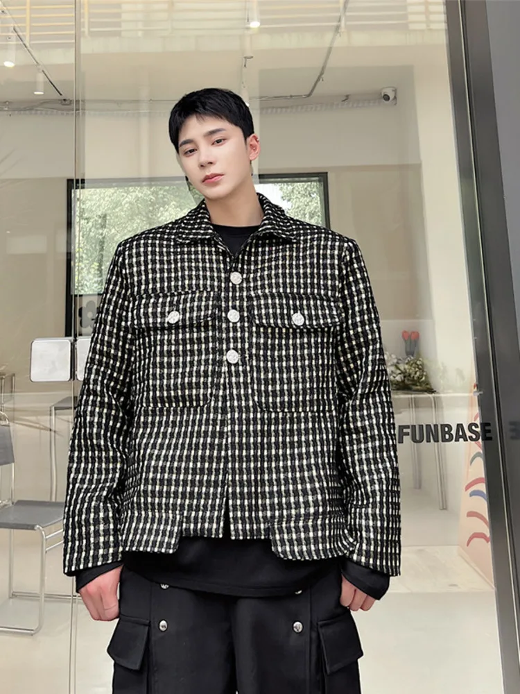 

SYUHGFA Men's Wear 2023 Spring Autumn Lapel Bright Silk Plaid Jacket Loose Coat Korean Streetwear Single Breasted Jackets
