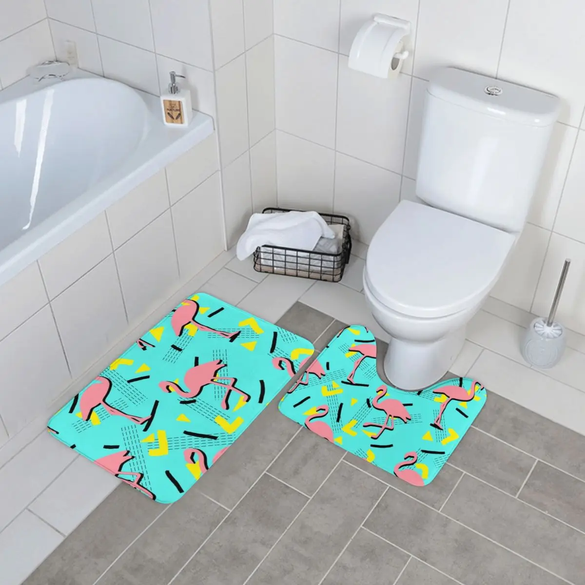 

Retro Memphis Bath Mat Pink Flamingo Print 2pcs Anti Slip Vintage Bathroom Mat Set Polyester Shower Bathroom Rug