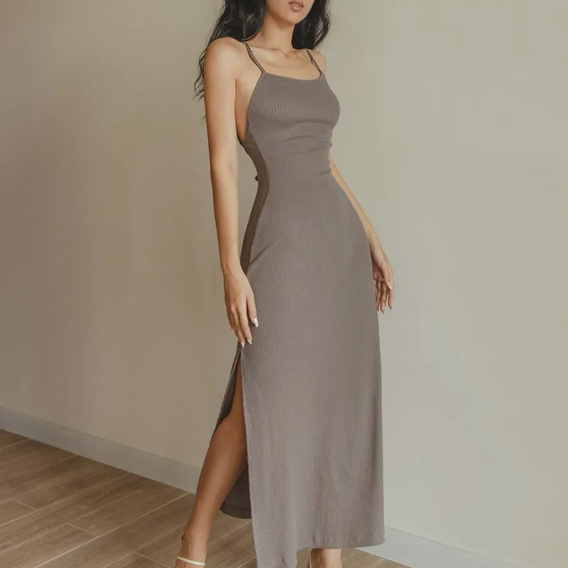 

Women's Sexy Sleeveless Backless Spaghetti Strap Mid Slit Bodycon Dress Summer Elegant Fashion Bandage Harajuku Maxi Dresses