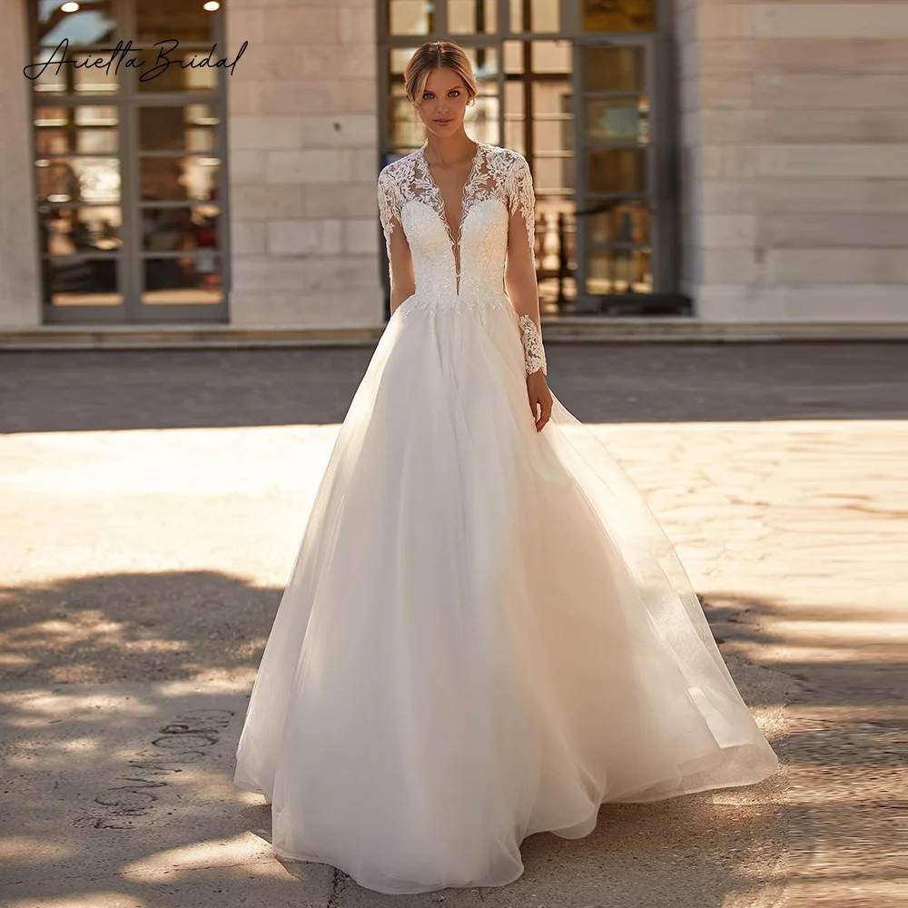 

Arietta Ivory Long Sleeves Beach Wedding Dresses Deep V-Neck Lace Appliques Tulle Bridal Gowns Illusion Back A-Line Bride Dress