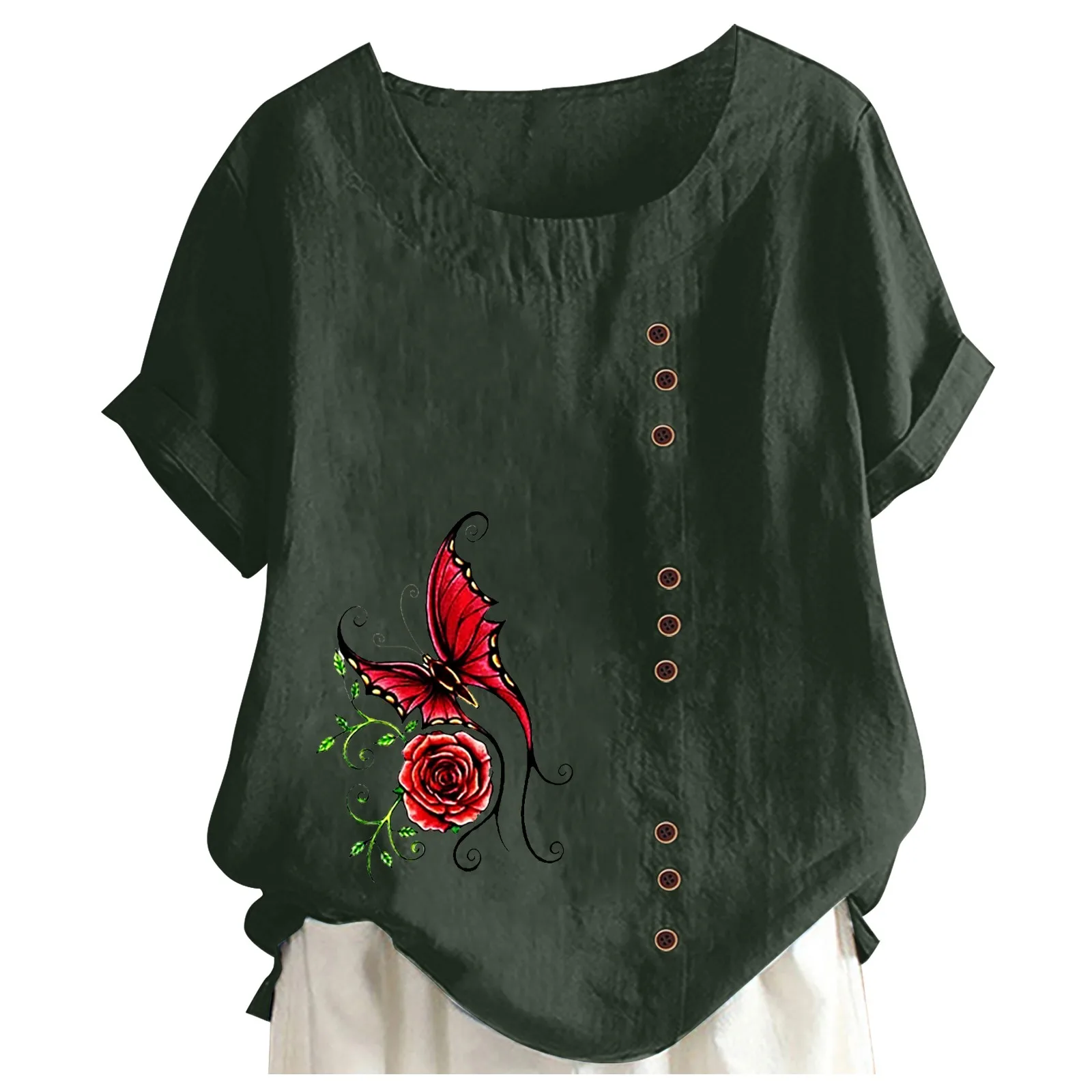 

Women Blouses Butterfly Printed O Neck Cotton Linen Raglan Sleeve Hem Vintage Clothes Slit Loose Short Sleeve Top Button Shirt 4