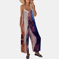 2021 summer new printed sling pocket casual wide leg jumpsuit women tie dye loose bright silk sleeveless romper one piece outfit