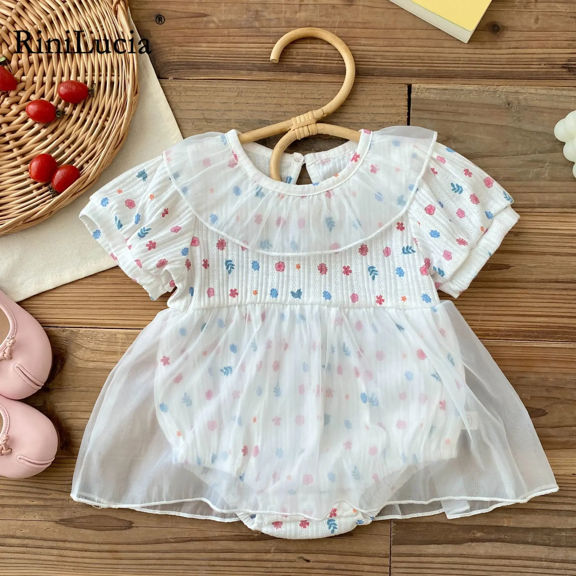 

2023 Newborn Infant Baby Girls Rompers Jumpsuits Sweet Playsuits Short Sleeve Print Tulle Toddler Baby Summer Clothing