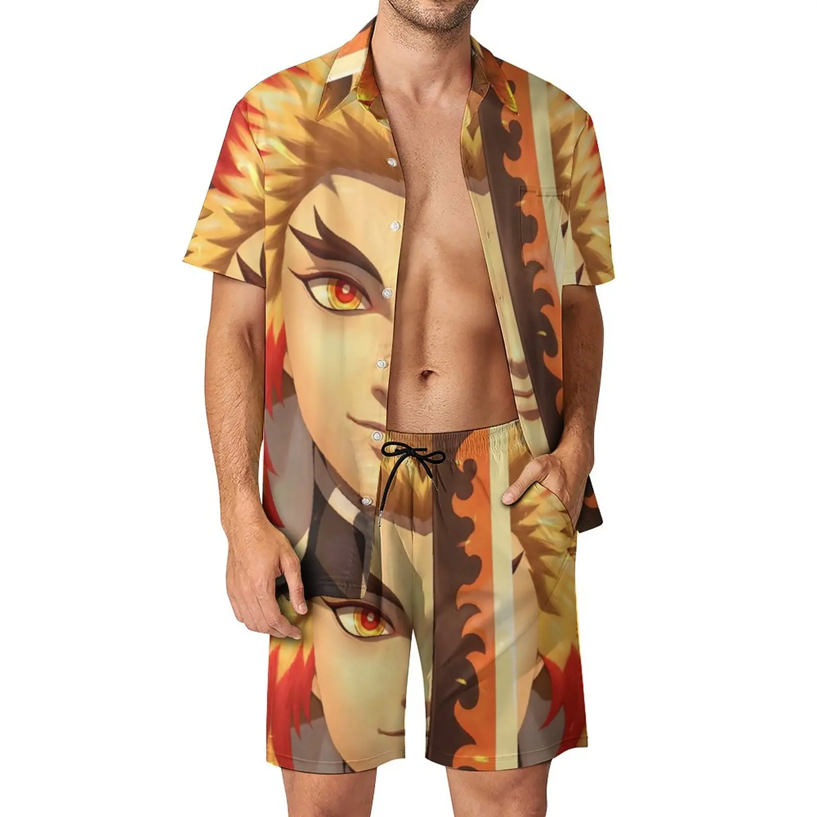 

Anime Demon Slayer Men Sets Rengoku Kyojuro Casual Shorts Beach Shirt Set Summer Hawaiian Suit Short Sleeves Oversized Clothing