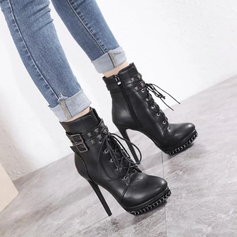 

Женские осенне-зимние ботинки, Модные ботильоны на платформе с перекрестной шнуровкой, женские ботинки на очень высоком каблуке 13 см с круг...