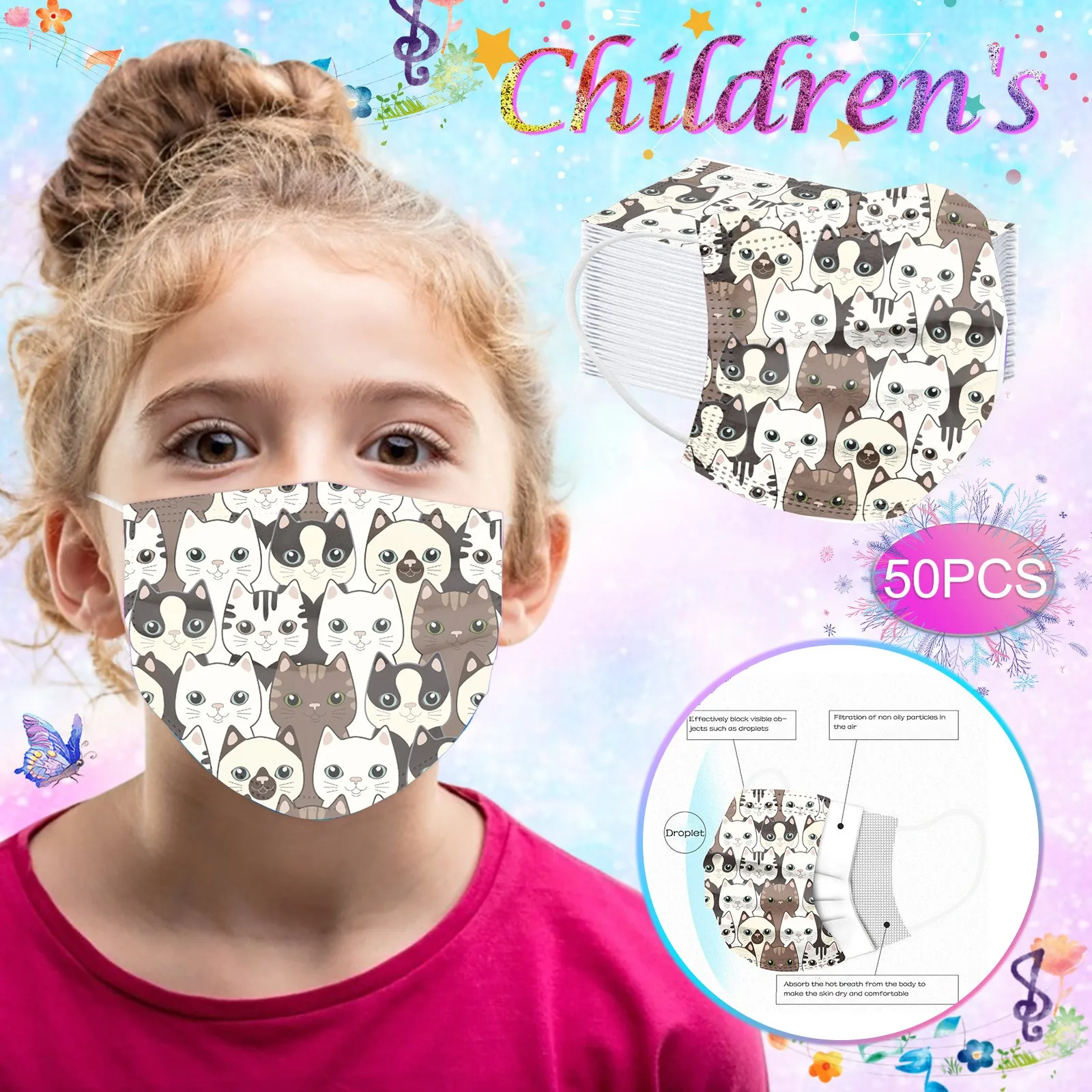 

Маска детская одноразовая Нетканая с мультяшным принтом кошки, для девочек и мальчиков